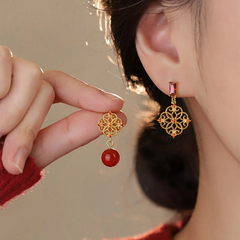 Asymmetric Flower Drop Earrings With Zircon Red Beads Hollow Vintage Oriental Style For Women Silver Earring Post