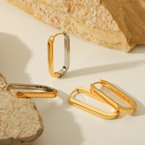 Minimalist Geometric Stainless Steel Hoop Earrings 18K Gold Plated U-Shape Two-Tone Mirror Polished Jewelry For Women
