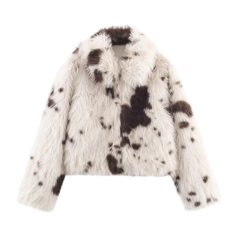 Dames Jas Van Namaakbont Dierenprint Kort Model Lange Mouwen Revers Rits Mode Winter Casual Warm Outwear