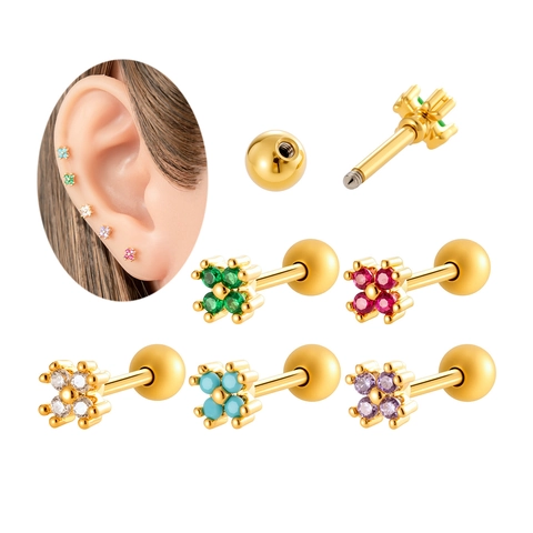 Pendientes Cartílago Flor Pequeña Acero Inoxidable Cobre Circonita Colorida Rosca Interna Piercing Joyería