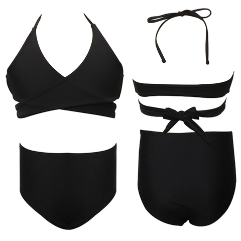 Girls Halter Neck Cross Wrap Bikini Top And High Waist Bottom Nylon High Elastic Solid Color Swimsuit