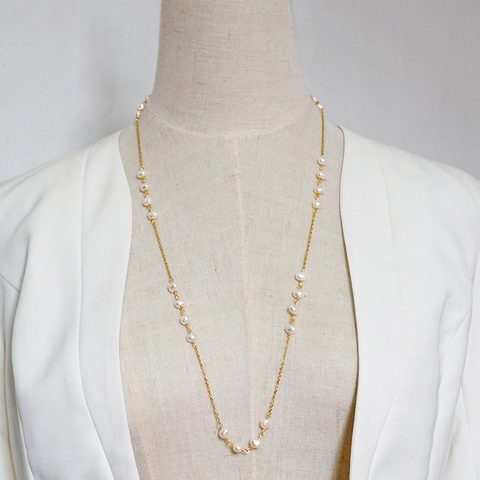 Baroque Freshwater Pearl Long Necklace Titanium Steel Gold Chain Elegant Retro French Jewelry Accessory For Women