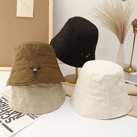 Women Bucket Hat Quilted Diamond Lattice Autumn Winter Warm Windproof Adjustable Drawstring Fisherman Cap