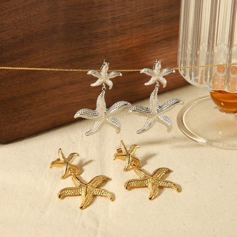 Starfish Dangle Earrings 18K Gold Plated Stainless Steel Double Layer Textured Ocean Theme Summer Beach Jewelry For Women