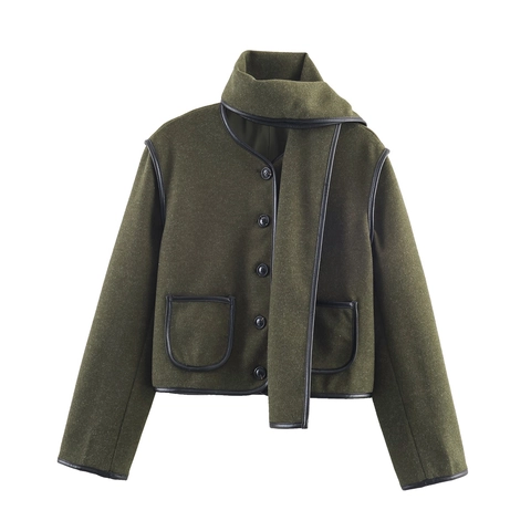 Dames Kort Jasje Van Wolmix Met Bijpassende Sjaal Leren Bies Ronde Hals Elegant Olijfgroen Casual Bovenkleding