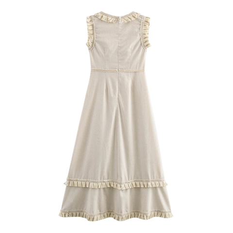 Women Sleeveless Maxi Dress Deep V Neck Fringe Tassel Detail Bohemian Vacation Resort Style High Waist Holiday Beach