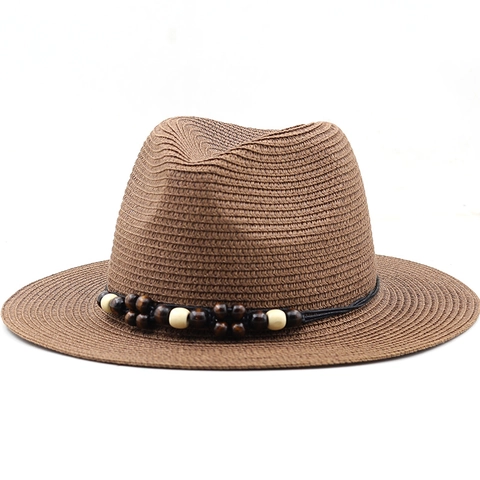 Zomer Panama Fedora Strohoed Zonbescherming Ademend Strand Vakantie Papier Geweven Nautisch Anker Houten Kralen Retro