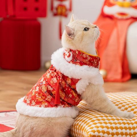 Oriental Cat New Year Tang Suit Brocade Pet Vest With Plush Trim Tassels Small Dogs Winter Warm Festive Embroidery Red