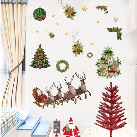 Christmas Wall Stickers PVC Removable Self Adhesive Santa Claus Reindeer Snowflake Decor For Living Room Bedroom Window