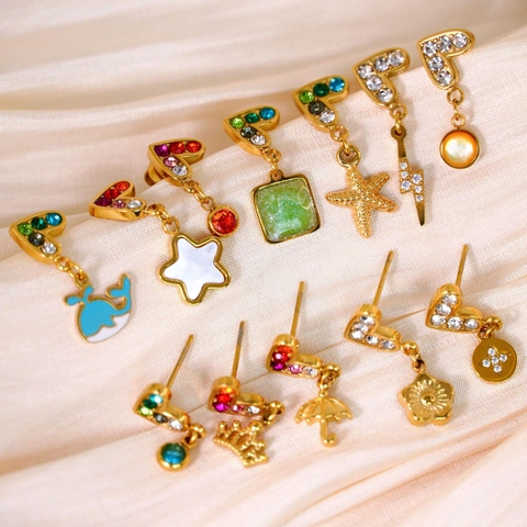 Stainless Steel Heart Rhinestone Inlaid Drop Earrings For Women Colorful Enamel Charm Sweet Fashion Jewelry Ear Studs