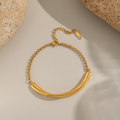 Stainless Steel Bracelet For Women Minimalist 18K Gold Plated Arc Tube Geometric Chain Adjustable Waterproof Jewelry