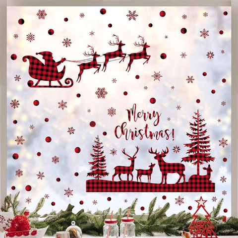 Christmas Window Stickers Buffalo Plaid Red Black Check PVC Static Cling Reindeer Santa Sleigh Snowflake Holiday Wall Decals