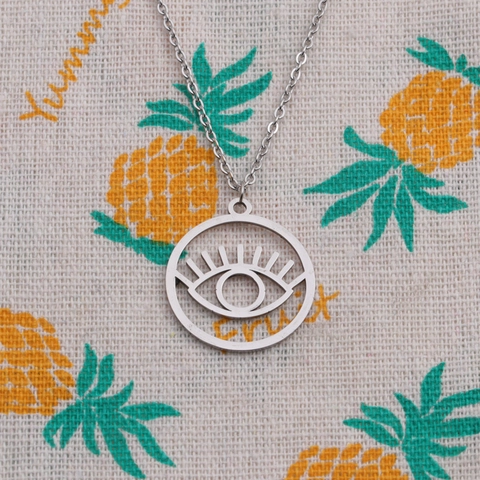 Evil Eye Pendant Necklace Stainless Steel Hollow Round Eyelash Design Minimalist Jewelry For Women