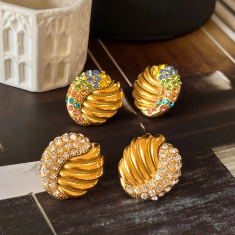Vintage Stainless Steel Spiral Twist Stud Earrings For Women Colorful Clear Rhinestone Gold Plated Elegant Jewelry Gift