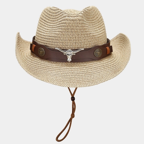 Western Cowboy Strohoed Gevlochten Zonnescherm Brede Rand Met Leren Riem Metalen Bull Head En Verstelbaar Winddicht Touw