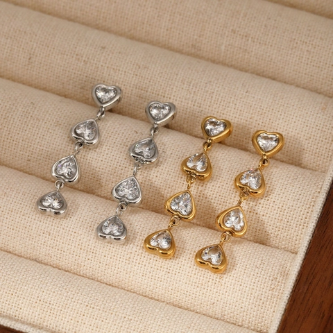 Heart Drop Earrings 316 Stainless Steel Zircon Multi Heart Long Dangle For Women Fashion Elegant Sweatproof Jewelry