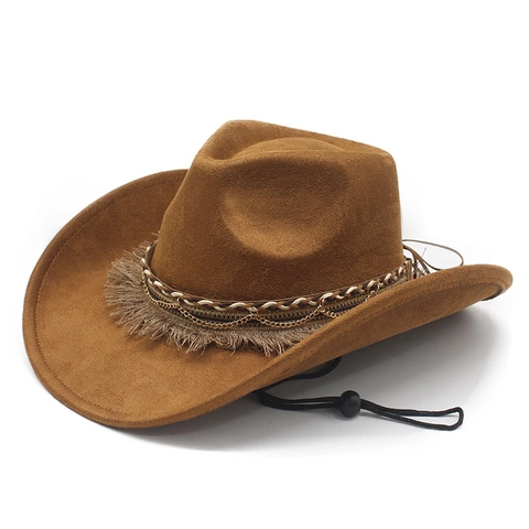 Westerse Cowboyhoed Suede Polyester Vintage Boheemse Stijl Met Kwastje Metalen Ketting Verstelbaar Winddicht Touw Voor Unisex