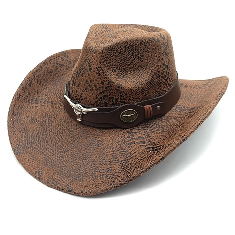 Western Cowboy Hat Suede Texture Snake Pattern Wide Brim Flat Top Men Women Retro Bull Head Metal Decor Adjustable