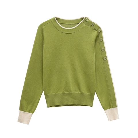 Pull En Maille Pour Femmes Coton Mercerisé Col Rond Manches Longues Bordure Contrastée Boutons Épaule Haut Décontracté