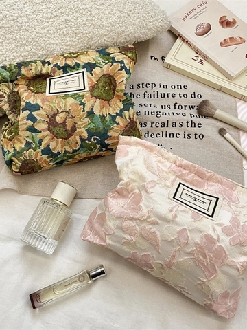 Borsa Cosmetica Jacquard Floreale Motivo Fiori Vintage Pochette Trucco Grande Capacità Organizzatore Viaggio Elegante