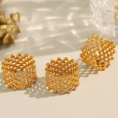 Goldfarbener Ring Aus Edelstahl Mit Wabenmuster Und Strasssteinen Im Retro-Stil Kunstvoller Modeschmuck Für Damen