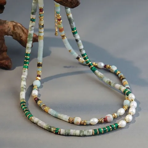 Natural Amazonite Malachite And Freshwater Pearl Beaded Necklace Vintage Bohemian Style Jewelry For Women Gold Plated