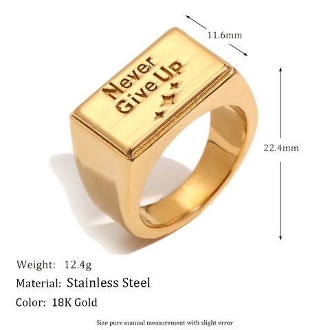 Anillo Sigillo Motivazionale Never Give Up Placcato Oro 18K Acciaio Inossidabile Spazzolato Geometrico Quadrato Da Donna