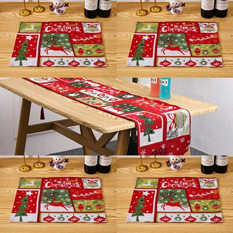 Christmas Table Runner And Placemats Cloth Jacquard Reindeer Santa Pattern Holiday Dining Table Decoration Home Decor