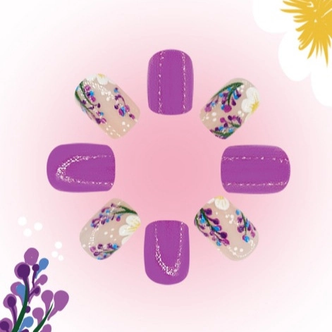 Lila Lavendel Sonnenblume Floral Aufklebe Nägel Kurz Quadratisch Glänzend Falsche Nägel Künstliche Fingernägel Für Damen