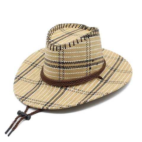 Western Cowboy Hat Straw Woven Grid Pattern Wide Brim Sun Protection Outdoor Beach Sunshade Breathable For Men Women