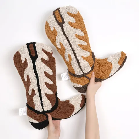Cowboy Boot Shaped Throw Pillow Tufted Cushion For Sofa Western Style Soft PP Cotton Filling Novelty Decorative Accent