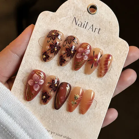 Brown 3D Flower Press-on Nails Almond Shape Leopard Print Hand-painted Artificial Nails Rhinestone Pearl Decor Women Fashion Manicure