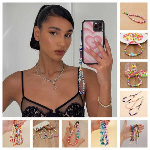 Bunte Künstliche Perlen Handyschlaufe Acryl Weichton Künstliche Perlen Herz Stern Smile Gesicht Böse Augen Frucht Bohemian Anti Verlust Armband