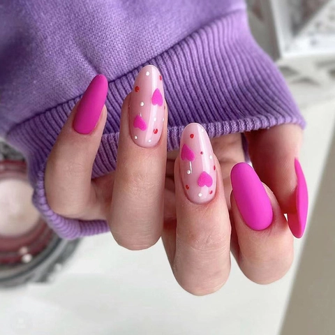 Matte Magenta Mandel Aufpressnägel Valentin Herz Punkt Design Künstliche Fingernägel Für Frauen