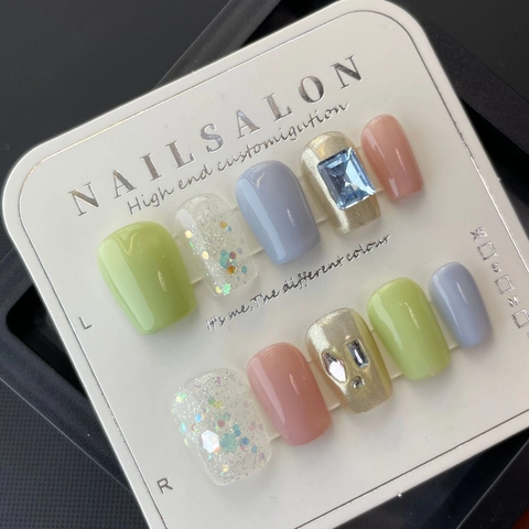 Handmade Press On Nails Macaron Colorful Sequin Rhinestone Square Round Reusable Full Cover False Nails For Women Girl