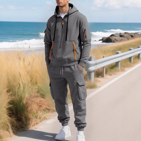 Felpa Con Cappuccio Mezza Zip E Pantaloni Cargo Da Uomo Pile Poliestere Tasche Multiple Stile Urbano Casual