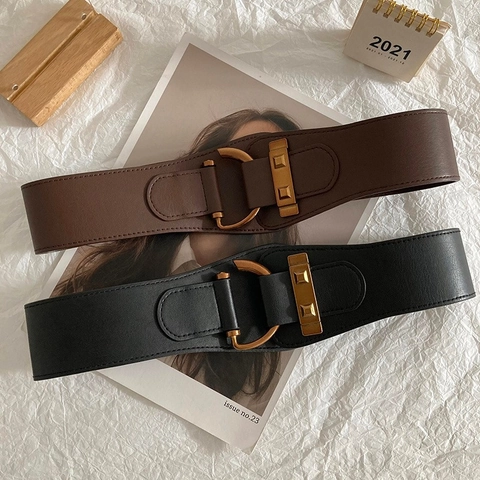 Damen Breiter Wespentaille Kunstleder Elastischer Gürtel Mit Goldener Metallschnalle Retro Cincher Für Mantel Anzug Kleid Mode Taillengürtel