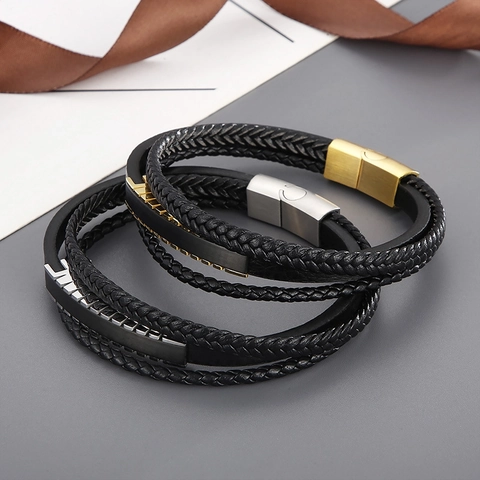 Pulsera De Cuero Trenzado Multicapa Para Hombre Acero Inoxidable Cierre Magnético Joyería De Moda Punk Vintage