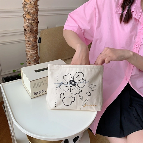 Trousse De Maquillage En Toile Florale Grande Capacité Broderie Tulipe Fermeture Éclair Pochette Cosmétique Style Japonais