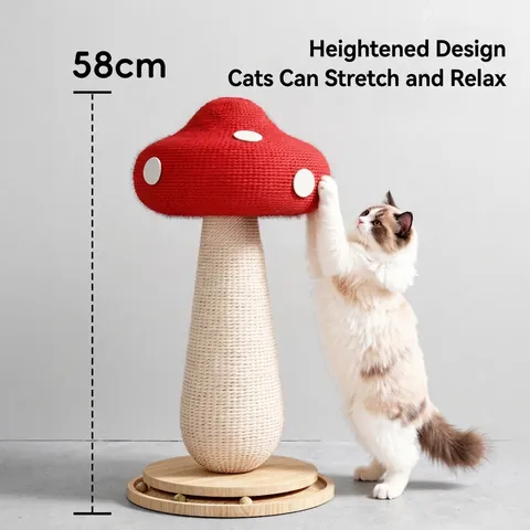 Mushroom Cat Scratcher Post Natural Sisal Rope Grinding Claws Kitten Toy Pine Wood Base Interactive Fun Red White Cute Style