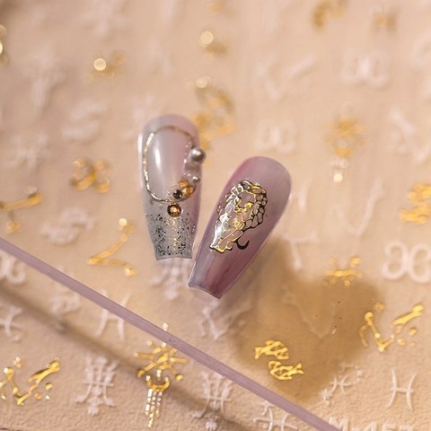Zodiac Nail Art Stickers Metallic Gold White Astrology Star Moon Decals Self Adhesive Manicure Decoration For Women Elegant
