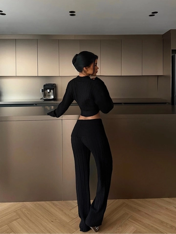 Women Cotton Polyester Knitted Outfits Long Sleeve Crop Cardigan And High Waist Wide Leg Pants Solid Color Slim Casual