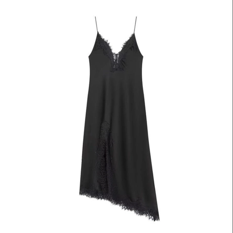 Vestito Cami In Raso Di Acetato Con Bordi In Pizzo Da Donna Scollo A V Orlo Asimmetrico Spalline Sottili Elegante