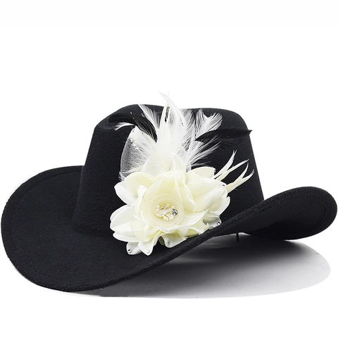 Western Cowboy Fedora Hat Polyester Felt With Feather Flower Wide Brim Vintage Ethnic Style For Men Women