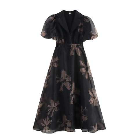 Damen Französisches Retro Maxi Kleid Floral Print Organza Puffärmel Hemdkragen Knopfleiste Elegantes Langes Kleid