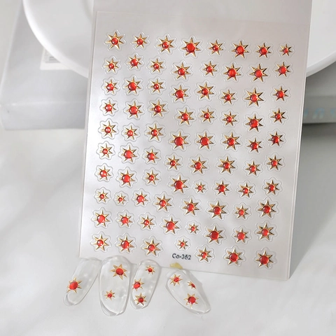 Autocollants Ongles Relief Design Soleil Étoile Or Strass Rouge Auto-Adhésif Décoration Manucure Femmes