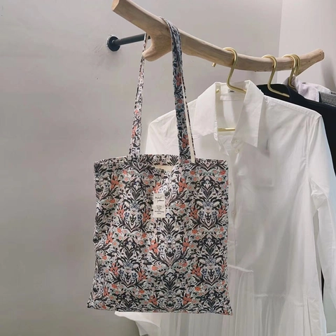 Vintage Katoenen Canvas Schoudertas Met Bloemenprint Voor Dames Grote Capaciteit Casual Draagtas Shopping Tas Literaire Stijl