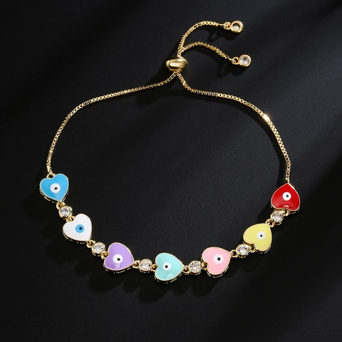 Evil Eye Heart Bracelet Gold Plated Copper Colorful Enamel Zircon Adjustable Sliding Chain Jewelry For Women