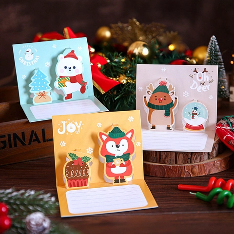 3D Pop Up Christmas Greeting Card Paper Cartoon Santa Reindeer Snowman Holiday Blessing Card With Envelope
