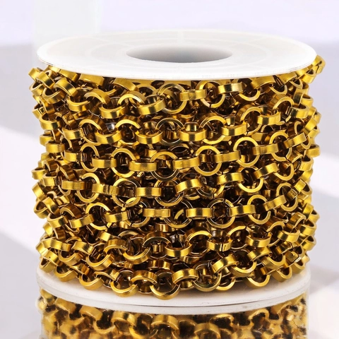 6mm Stainless Steel Rolo Chain For DIY Jewelry Making Hip Hop Heavy Metal Bag Chain Steel Gold Color Sold By Meter